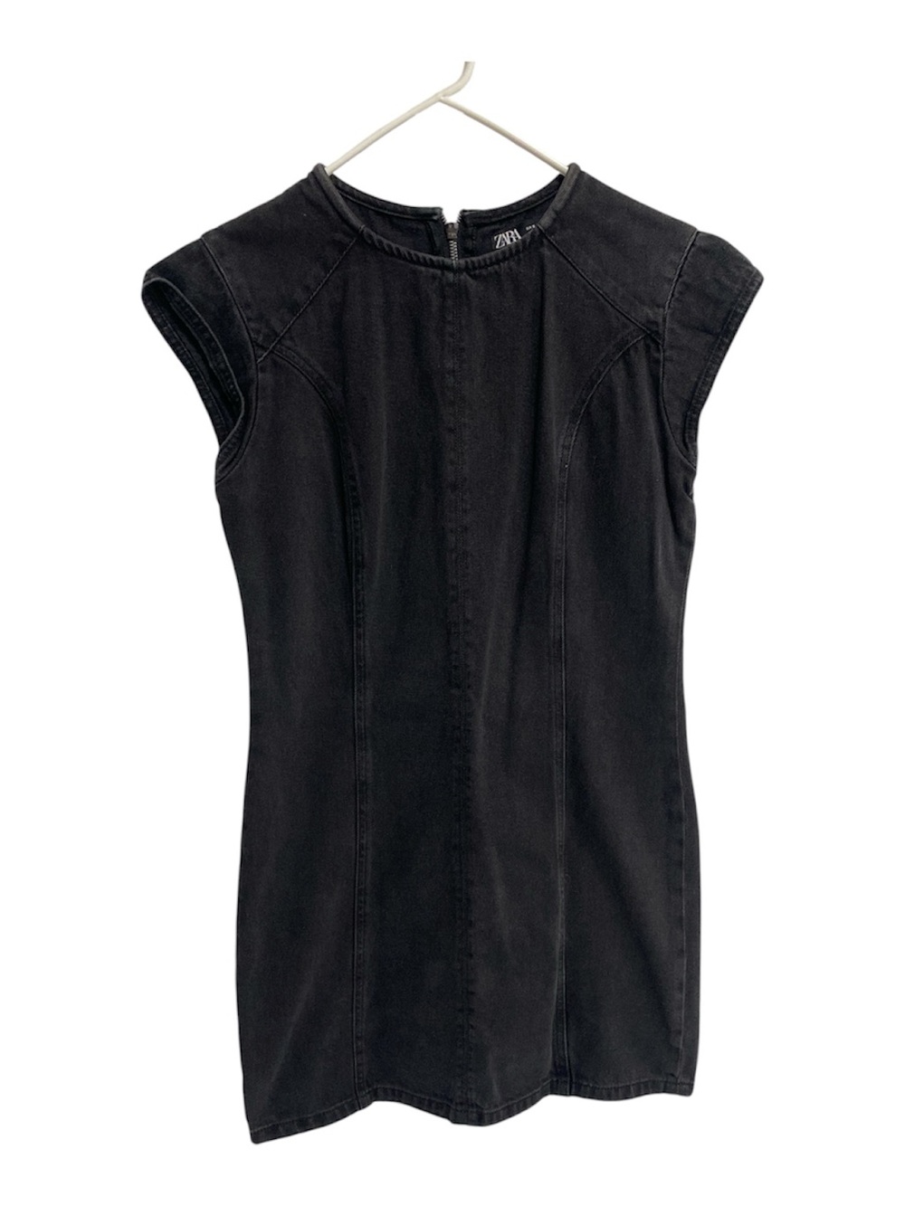 Zara Black Cap-Sleeve Denim Shift Dress